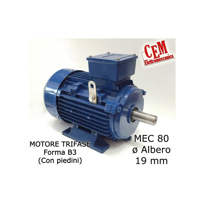 Motore elettrico monofase 1,1 KW/1,5 CV 220 V 3000 RPM B3 zampe dimensioni  80 (albero 19 mm)