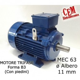 Motore elettrico trifase 0,50 HP - 0,37 kW 2800 giri MEC 63 Forma B3